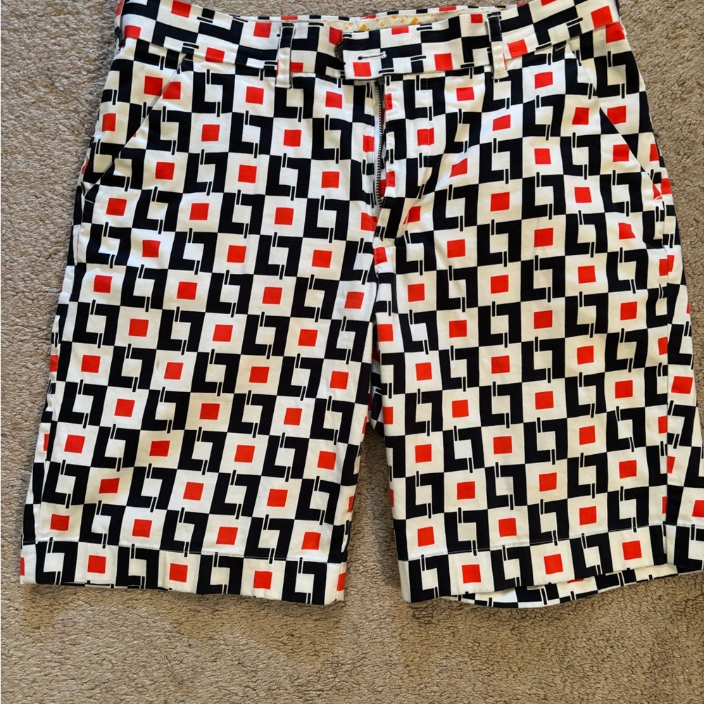 Black and White Flat Front Geometric Shorts
